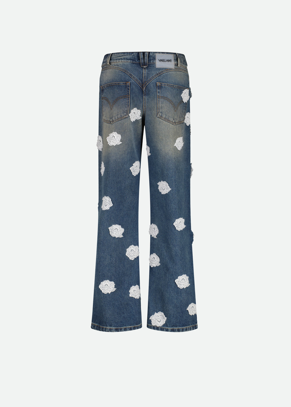 WASHED AND STAINED DENIM JEANS W/ LACE POLKA DOTS