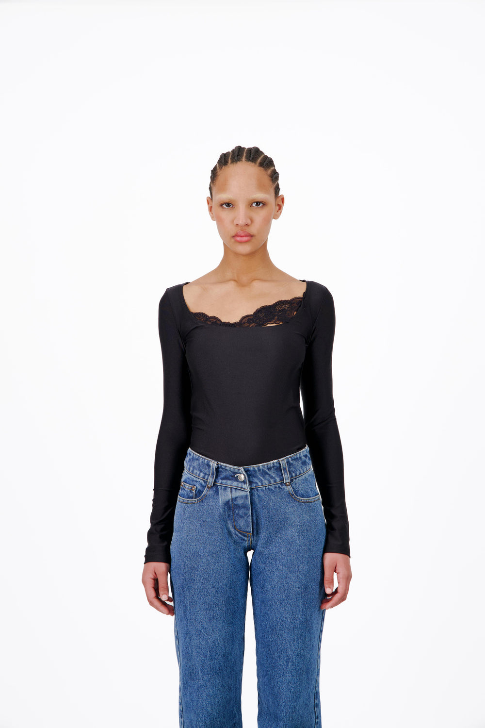 Fitted Long Sleeved  Black Top with Asymmetrical Lace detail - Vaillant Studio