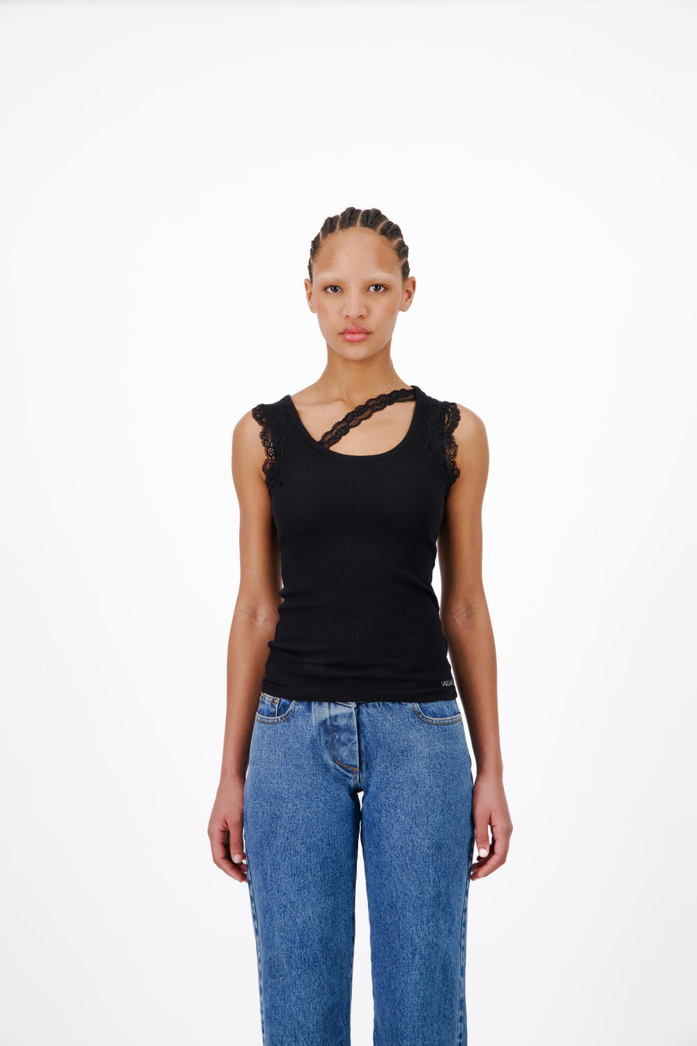 Ribbed Tank Top With Asymmetrical Lace Detail - Vaillant Studio