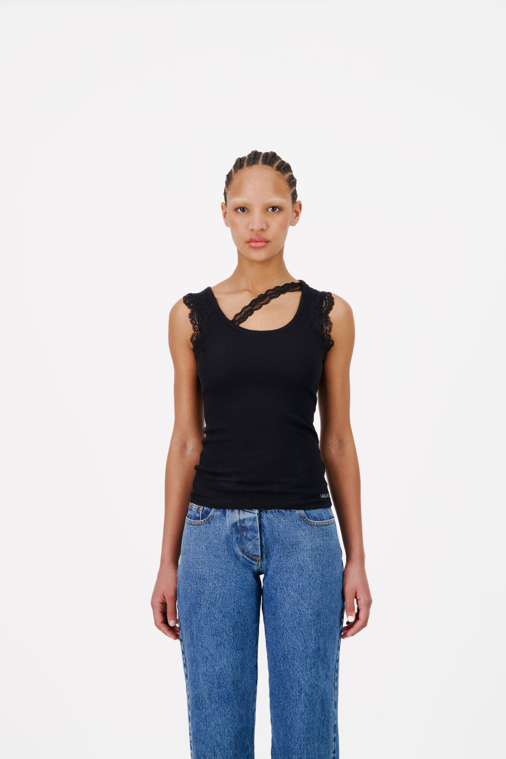 RIBBED TANK TOP WITH LACE TRIM NECKLINE - OUT OF STOCK