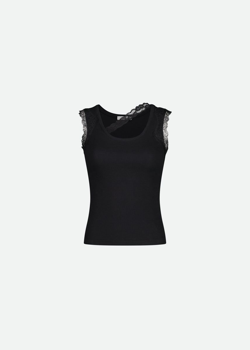 RIBBED TANK TOP WITH LACE TRIM NECKLINE