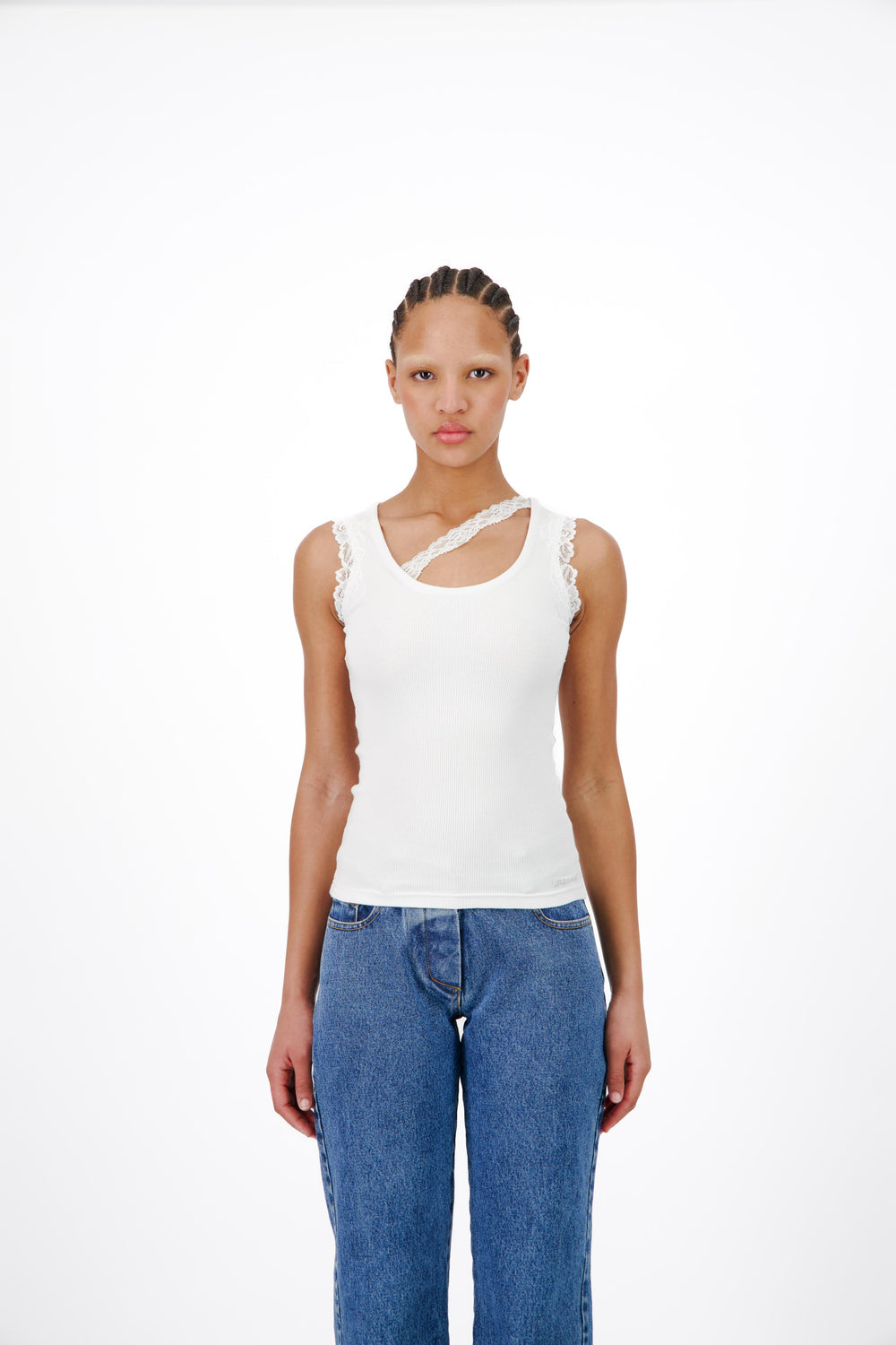 Ribbed Tank Top With Asymmetrical Lace Detail