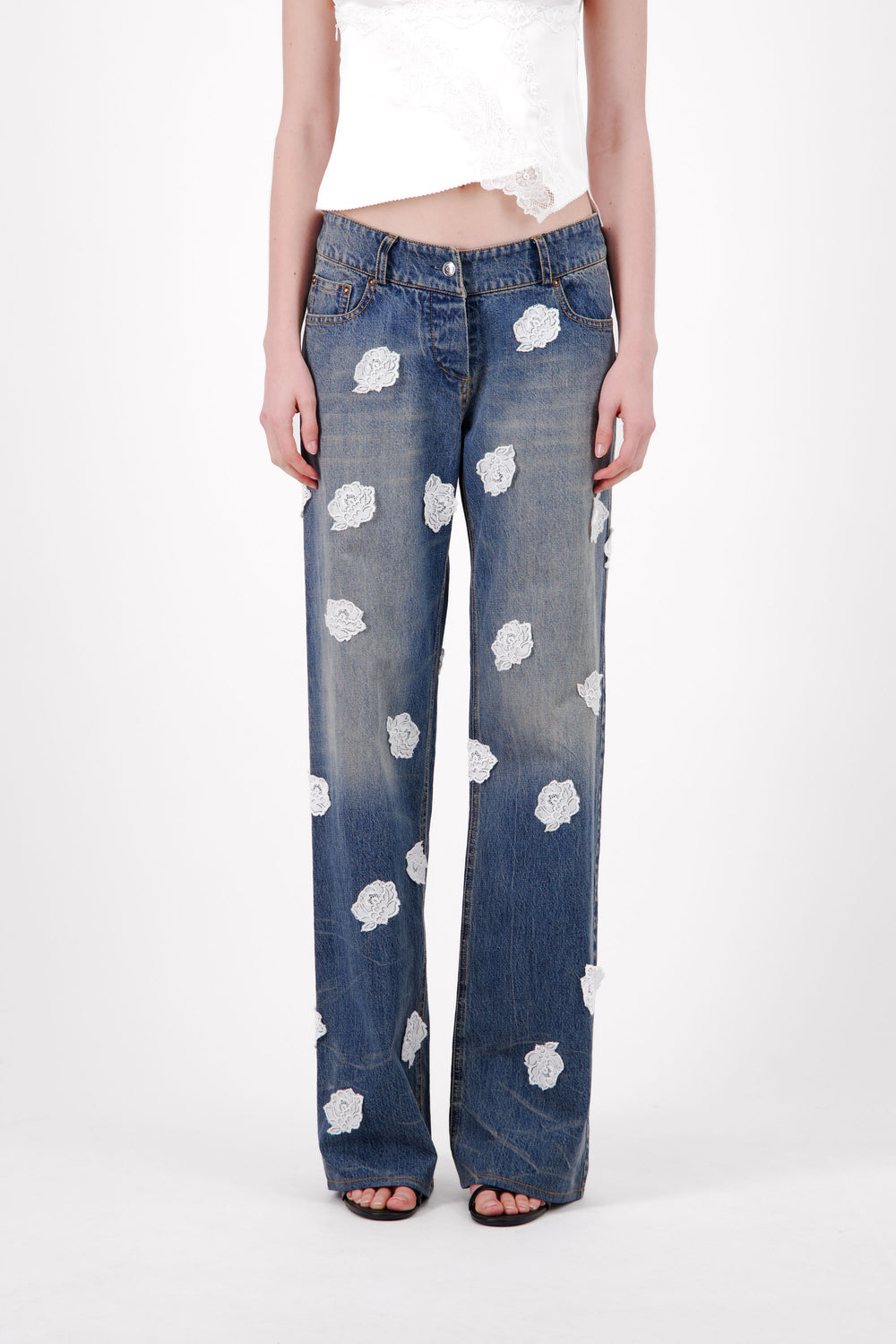 V-Shape Waist Washed And Stained Denim Jeans W/ Lace Polka Dots