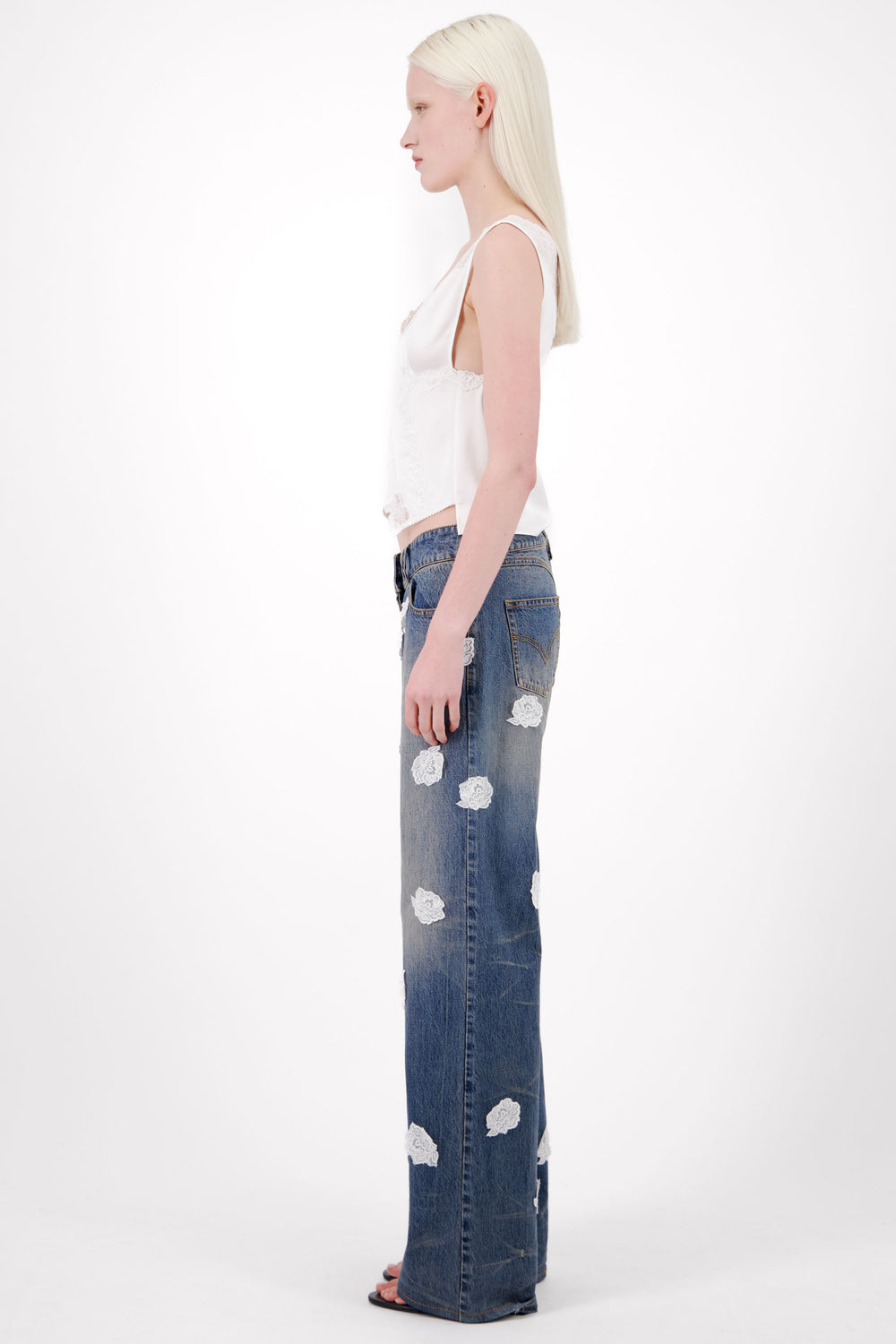 V-Shape Waist Washed And Stained Denim Jeans W/ Lace Polka Dots