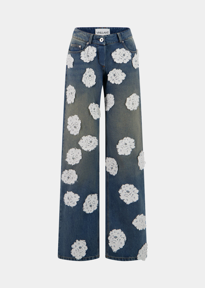 WASHED AND STAINED DENIM JEANS W/ LACE POLKA DOTS - PRE ORDER