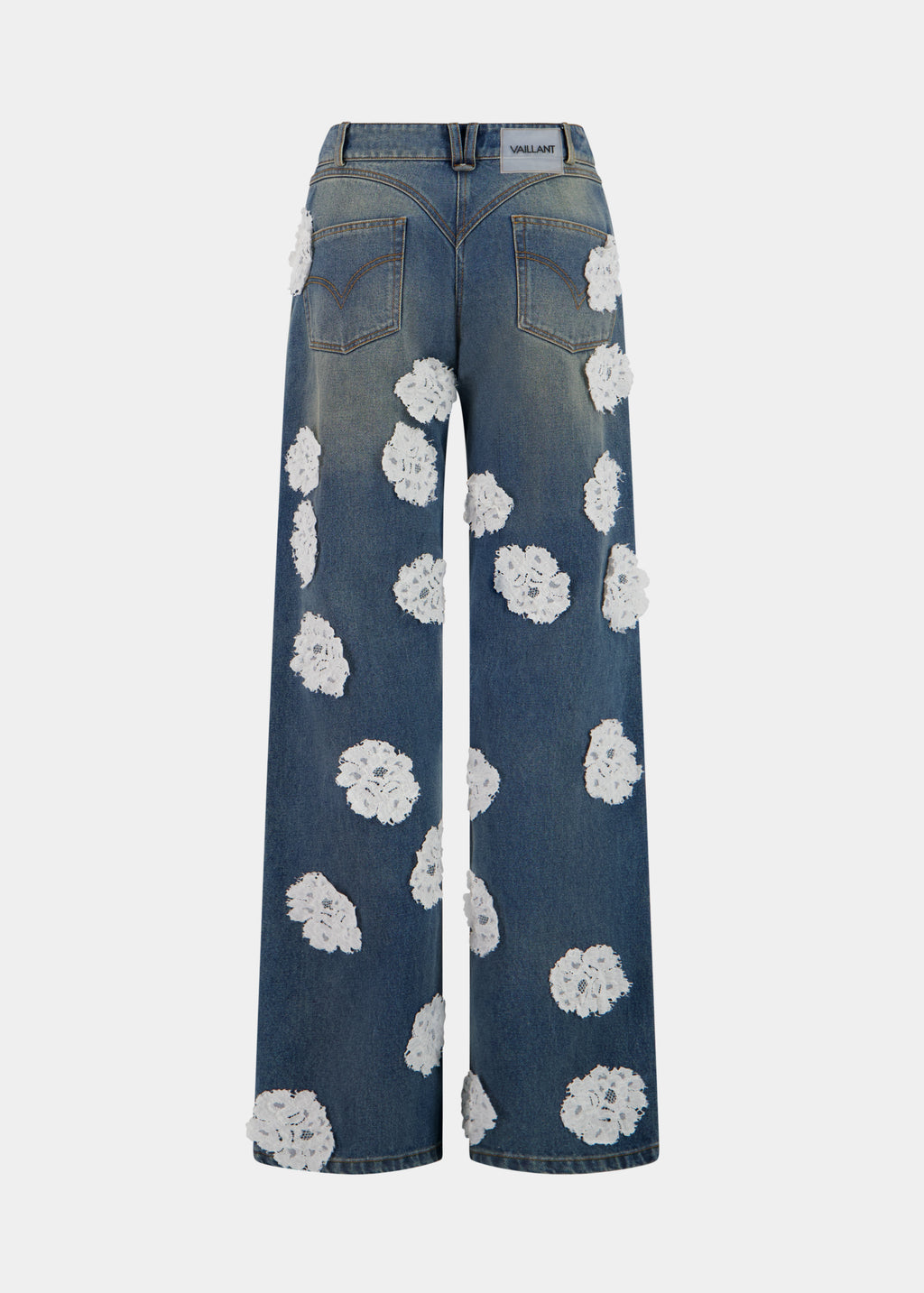 WASHED AND STAINED DENIM JEANS W/ LACE POLKA DOTS - PRE ORDER