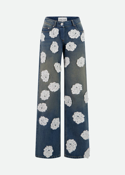 VAILLANT V-Shape Waist Washed And Stained Denim Jeans W/ Lace