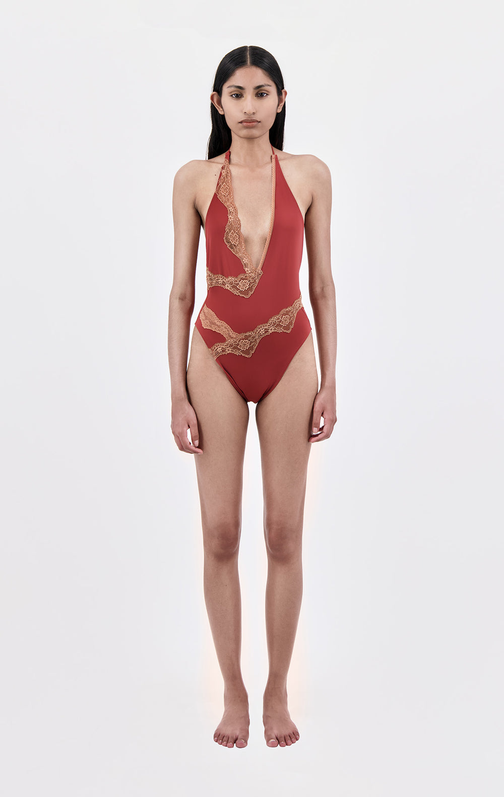 One Piece Swimsuit With Asymmetric Lace Trim