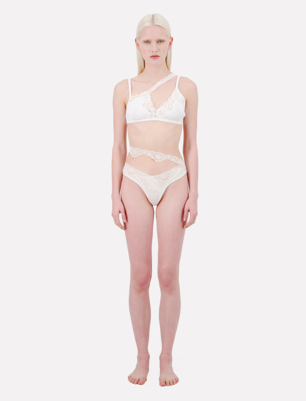 Ribbed Jersey White Bra With Asymmetric Lace Trim - Vaillant Studio