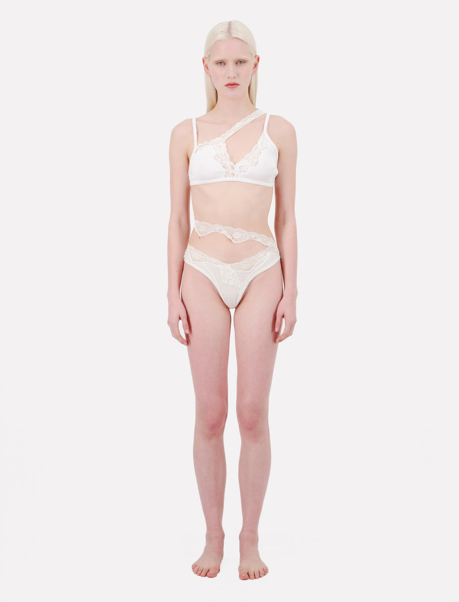 Ribbed Jersey White Bra With Asymmetric Lace Trim - Vaillant Studio