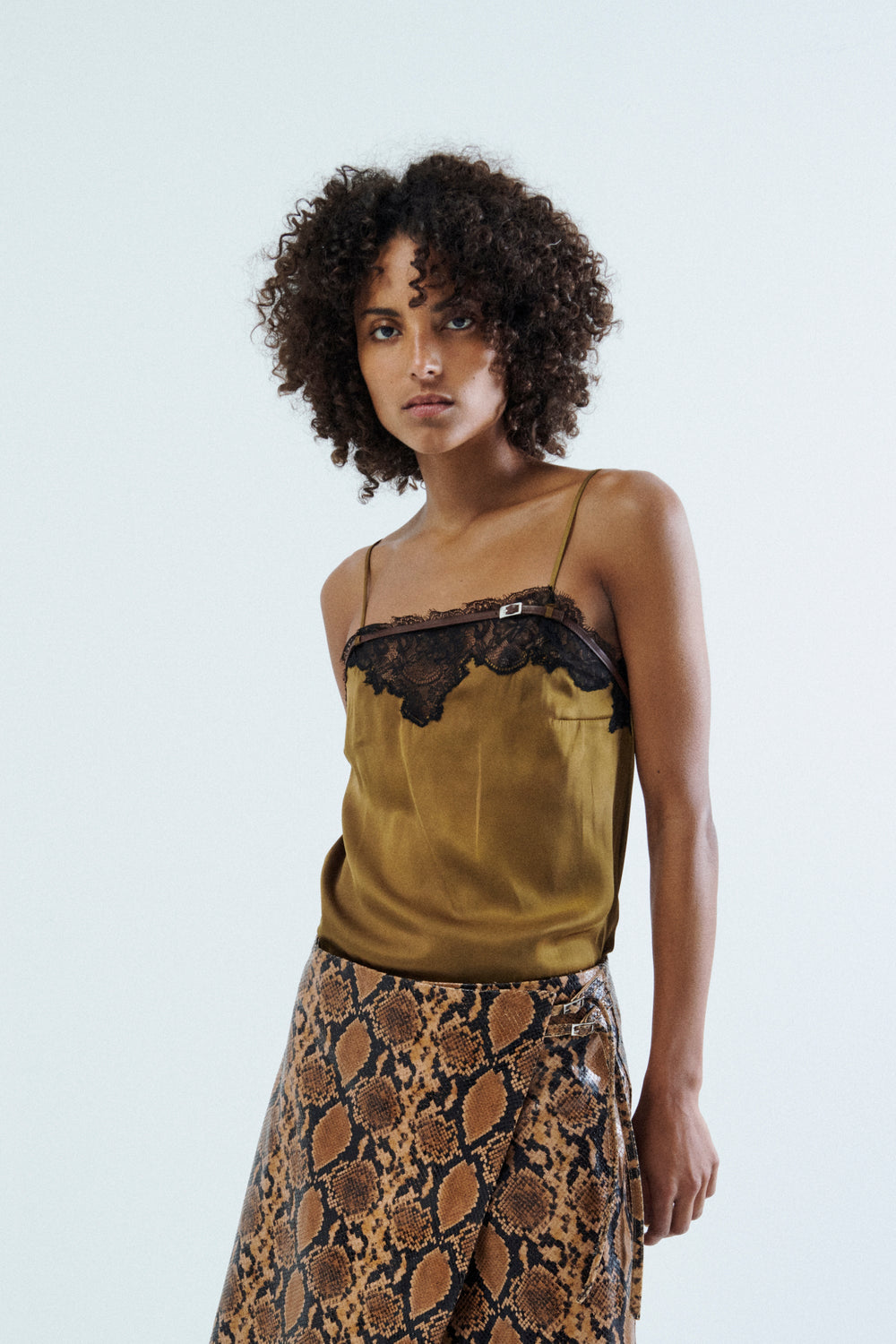 APRON-STYLE LEATHER MIDI WRAP SKIRT