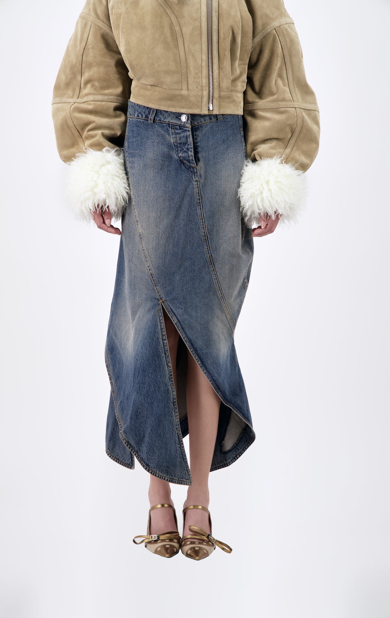 WASHED AND STAINED DENIM PETAL-SHAPED LONG SKIRT - Vaillant Studio