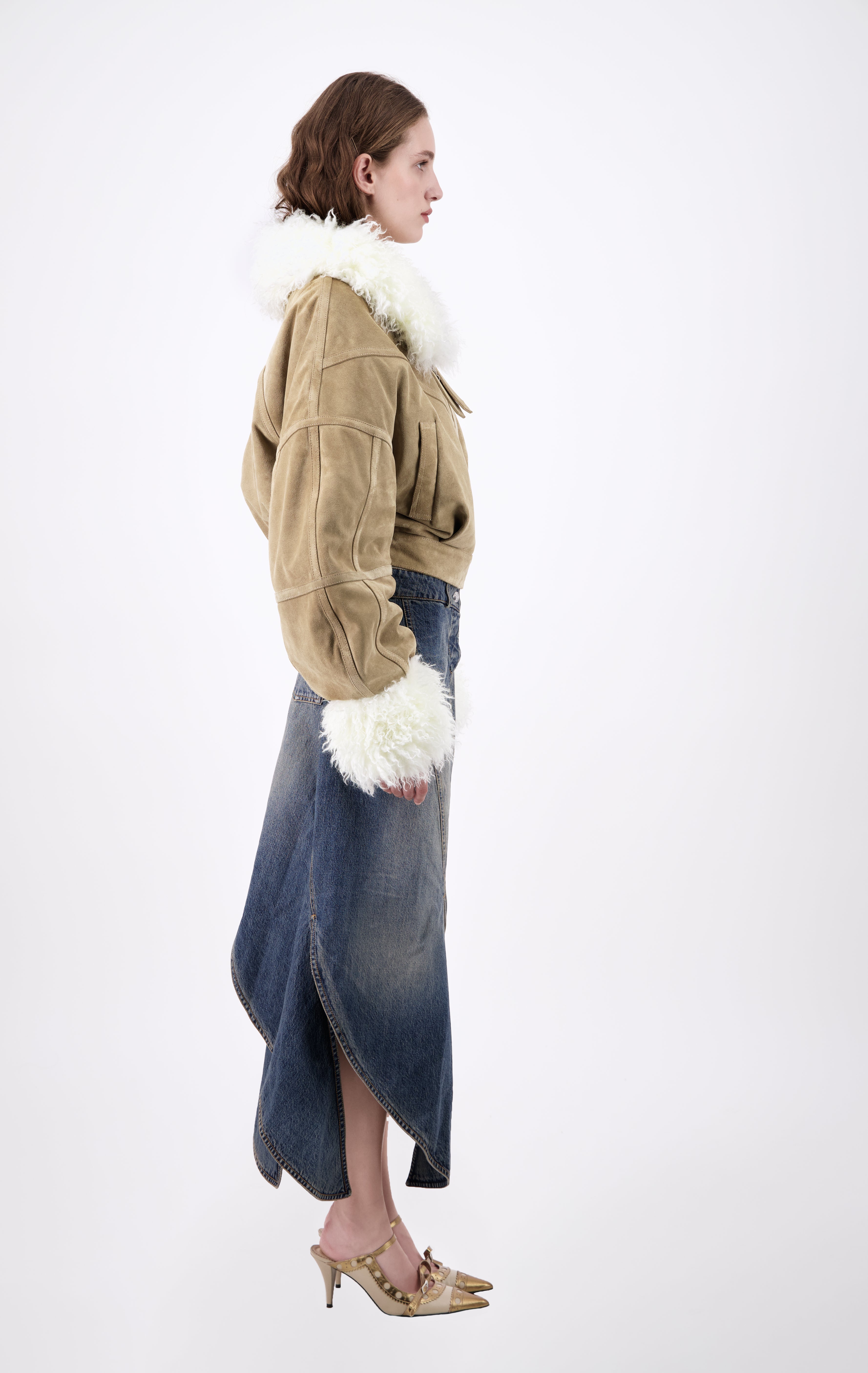 WASHED AND STAINED DENIM PETAL-SHAPED LONG SKIRT - Vaillant Studio