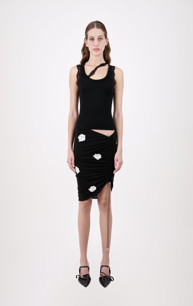 Jersey Tube Skirt With Ruching And Lace Polka Dots