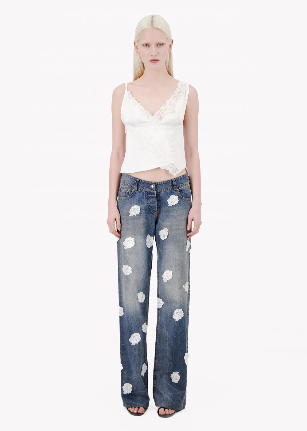 V-Shape Waist Washed And Stained Denim Jeans W/ Lace Polka Dots - Vaillant Studio