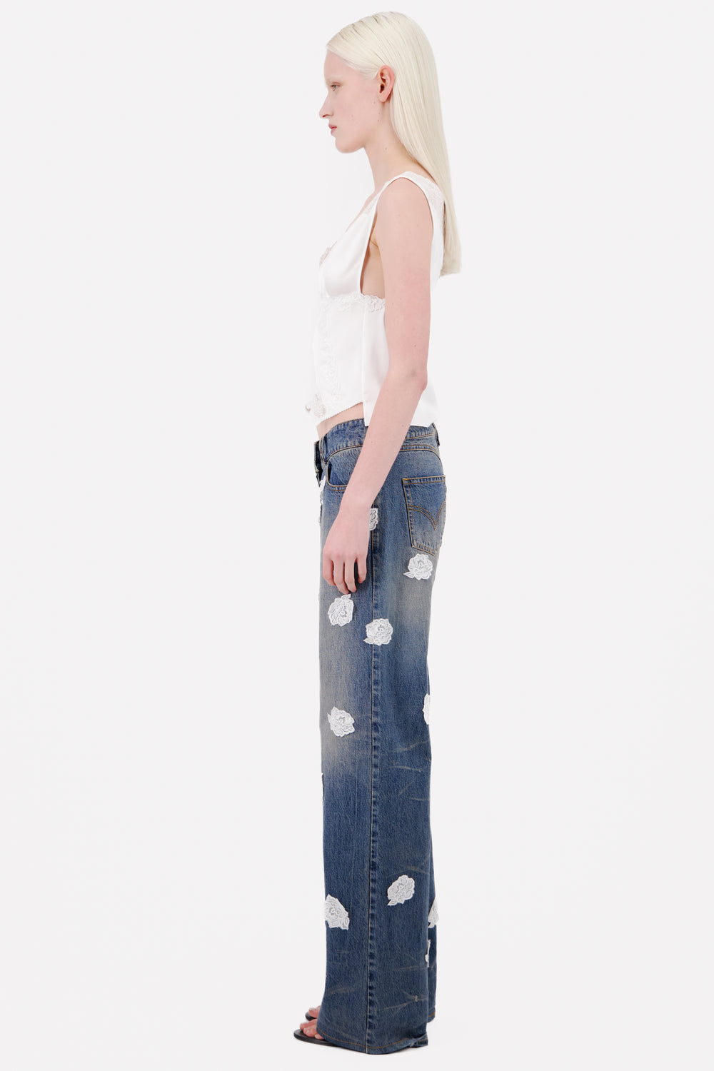 V-Shape Waist Washed And Stained Denim Jeans W/ Lace Polka Dots - Vaillant Studio