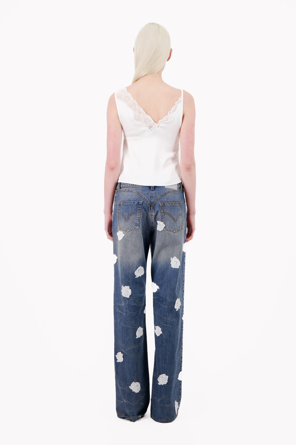 V-Shape Waist Washed And Stained Denim Jeans W/ Lace Polka Dots - Vaillant Studio