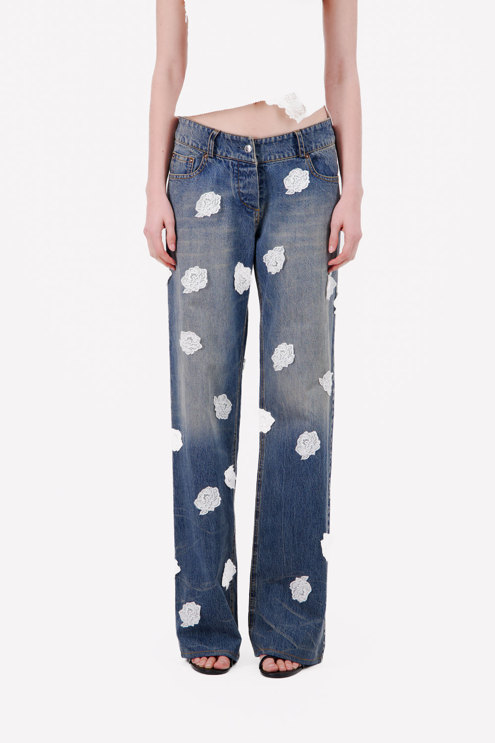 V-Shape Waist Washed And Stained Denim Jeans W/ Lace Polka Dots - Vaillant Studio