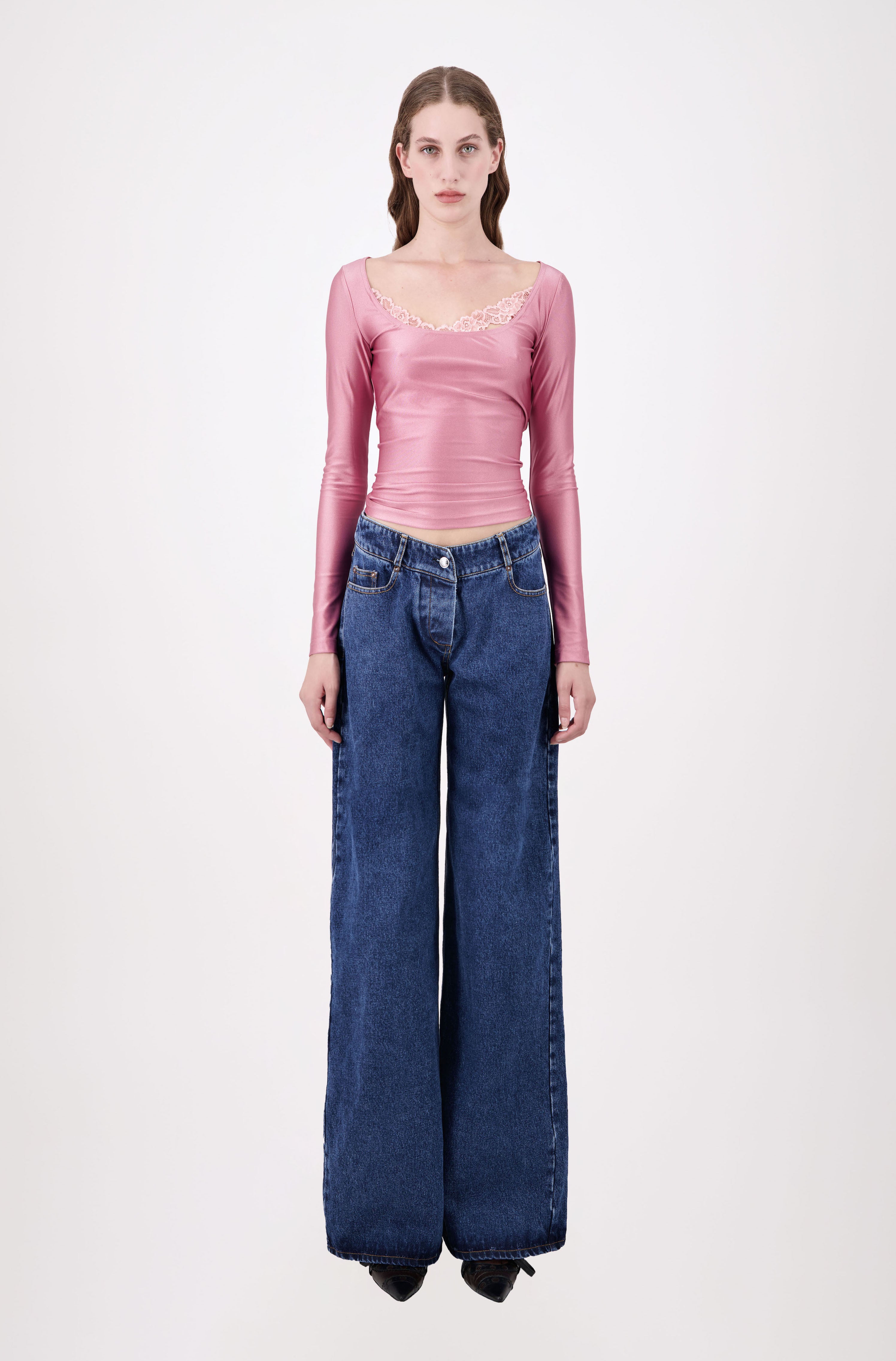 Fitted Long Sleeved Blush  Top with Asymmetrical Lace detail - Vaillant Studio