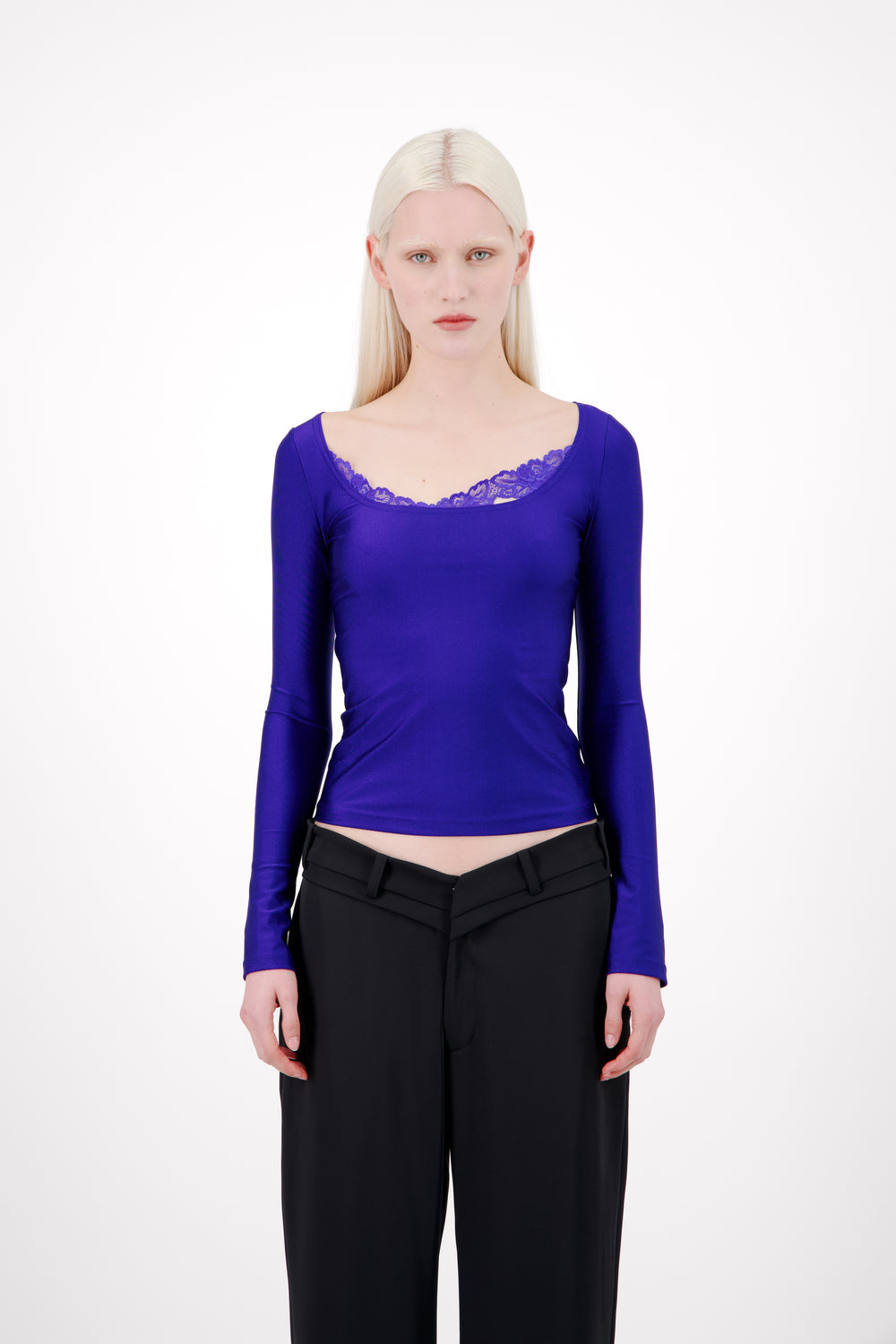 Fitted Long Sleeved Top with Asymmetrical Lace detail