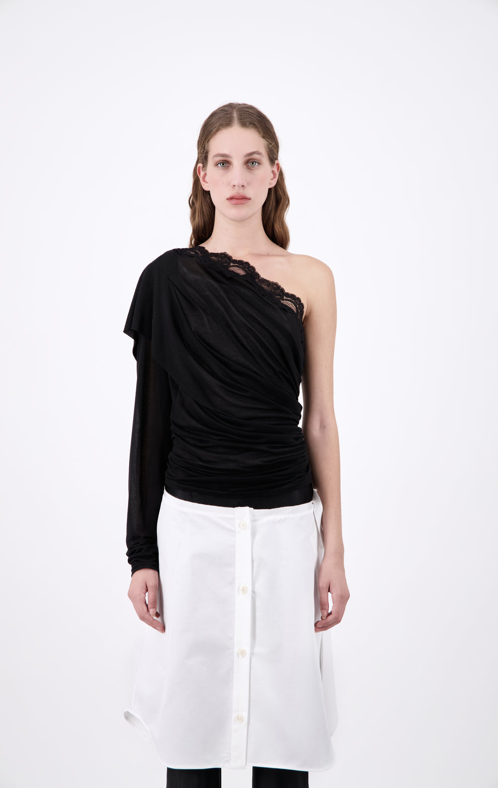 One Sleeve Draped Top With Tank Top Lining