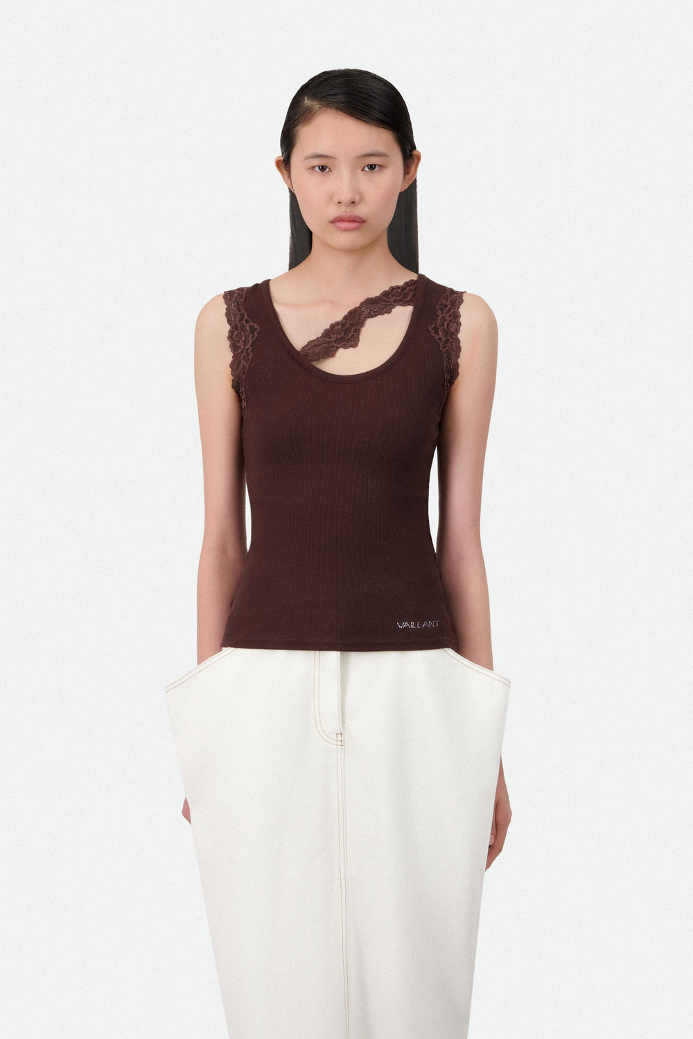 RIBBED TANK TOP WITH LACE TRIM NECKLINE