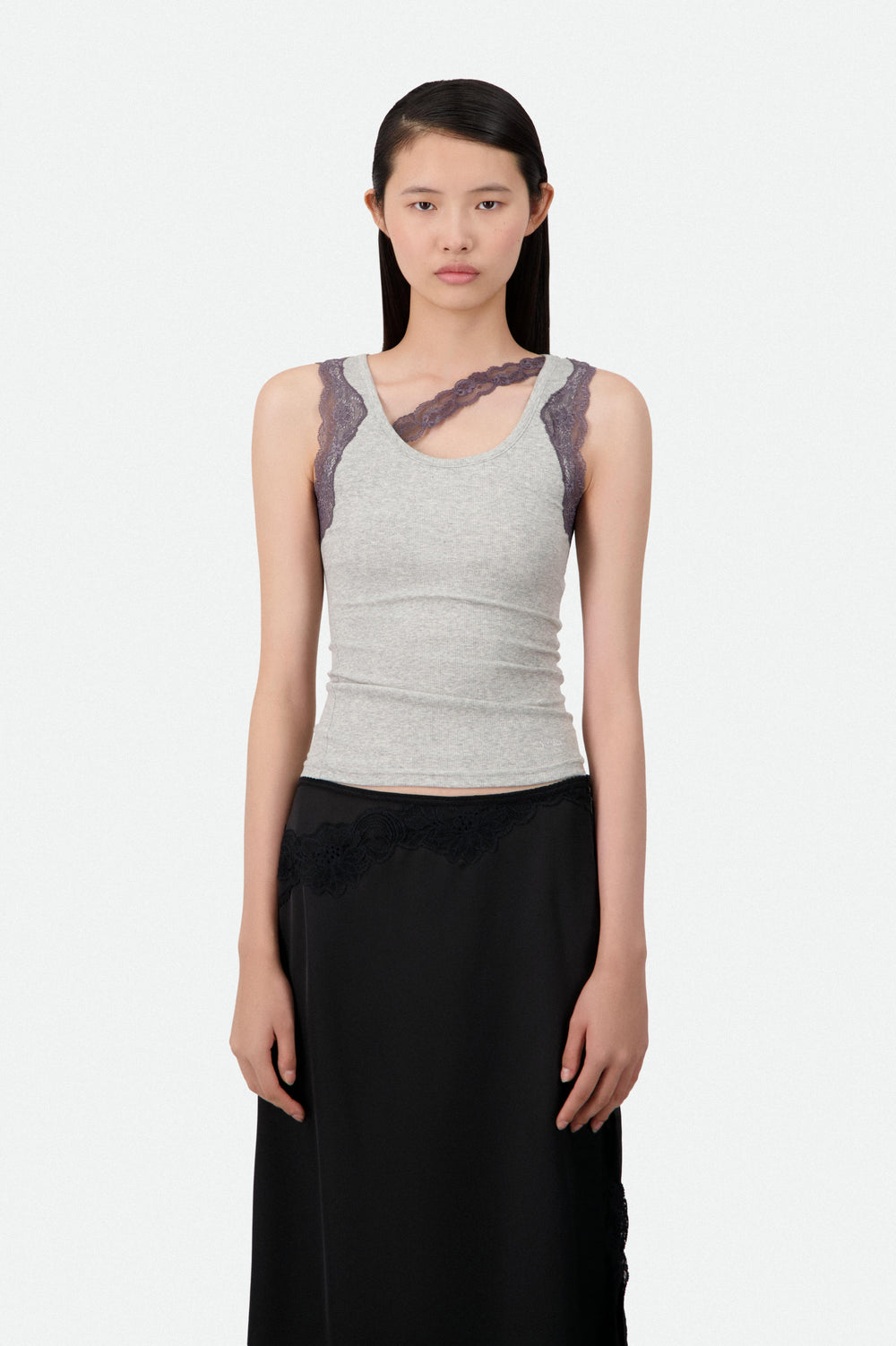 RIBBED TANK TOP WITH LACE TRIM NECKLINE