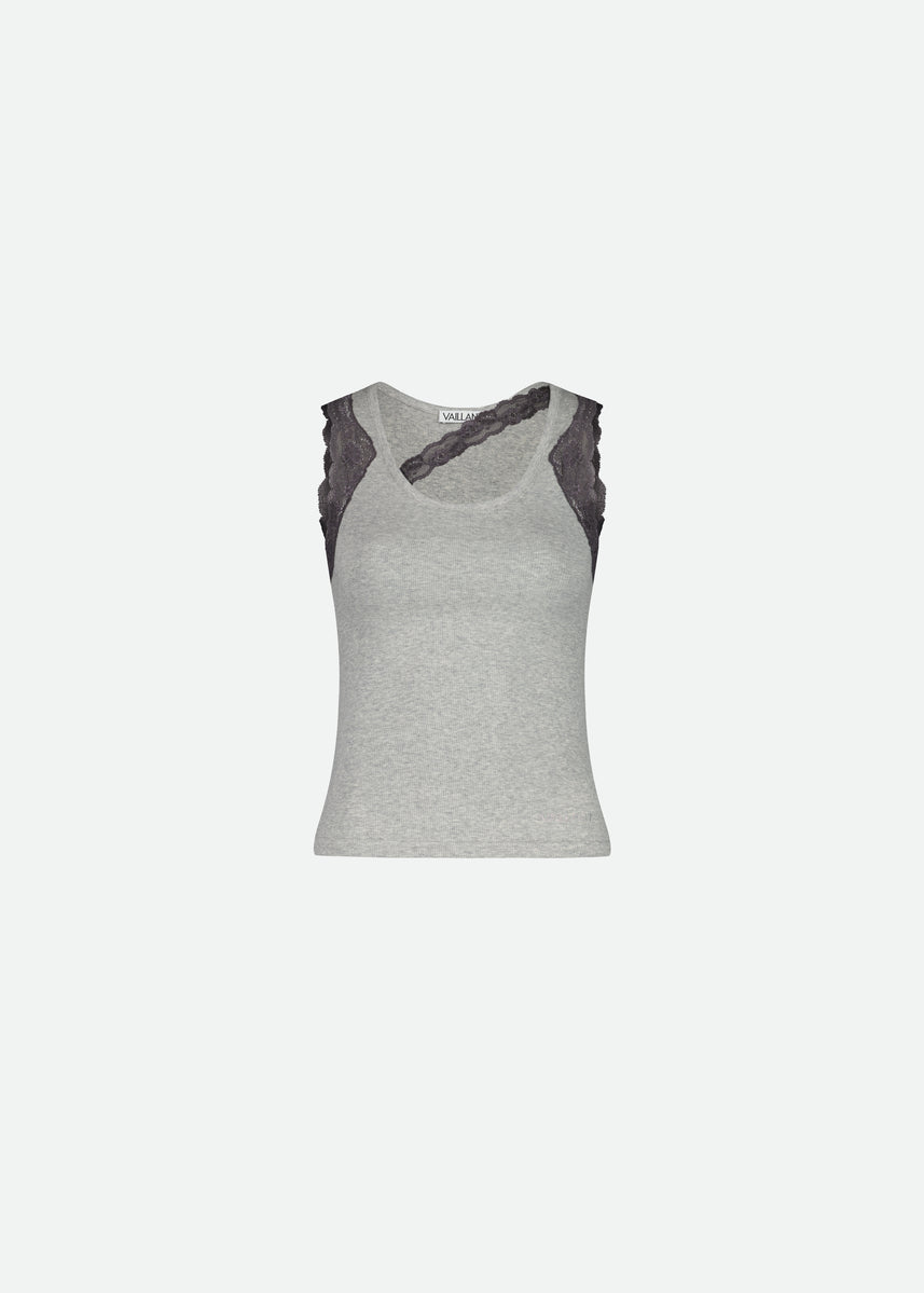 RIBBED TANK TOP WITH LACE TRIM NECKLINE