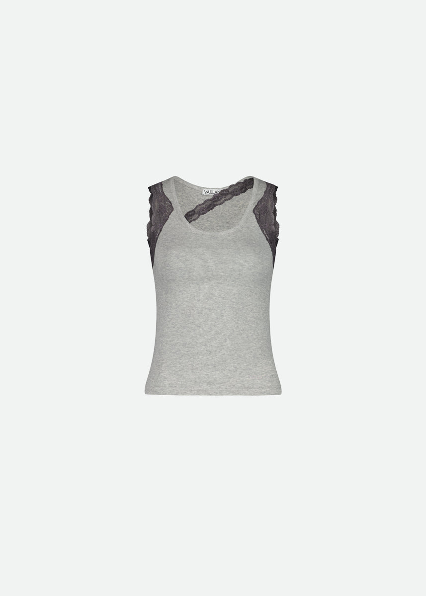 RIBBED TANK TOP WITH LACE TRIM NECKLINE - Vaillant Studio