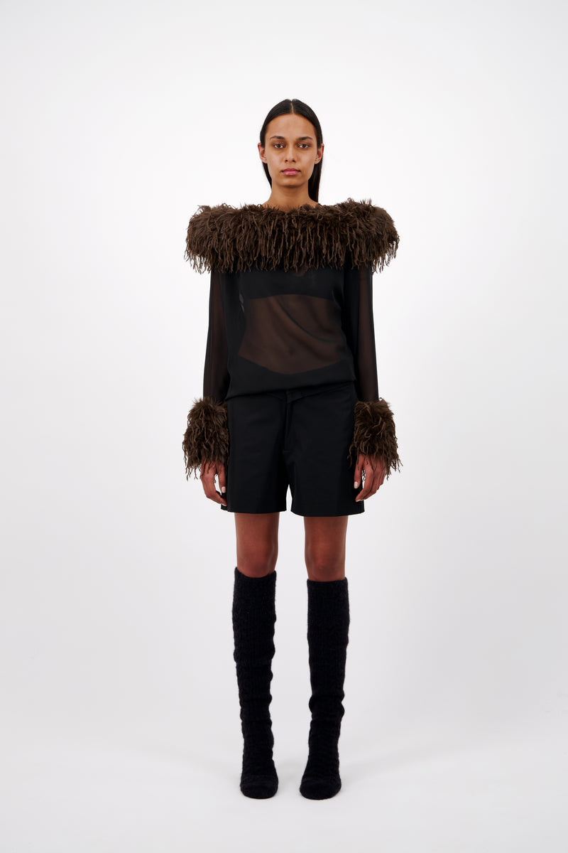 LONG SLEEVE CHIFFON TOP WITH FAUX FEATHER COLLAR - Vaillant Studio