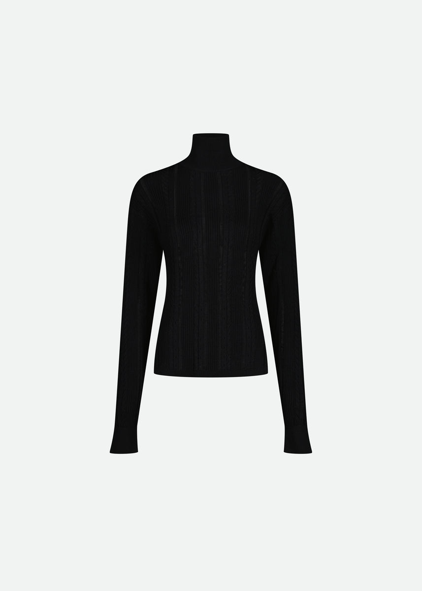 KNIT BLACK TURTLE NECK WITH LACE STITCH DETAIL