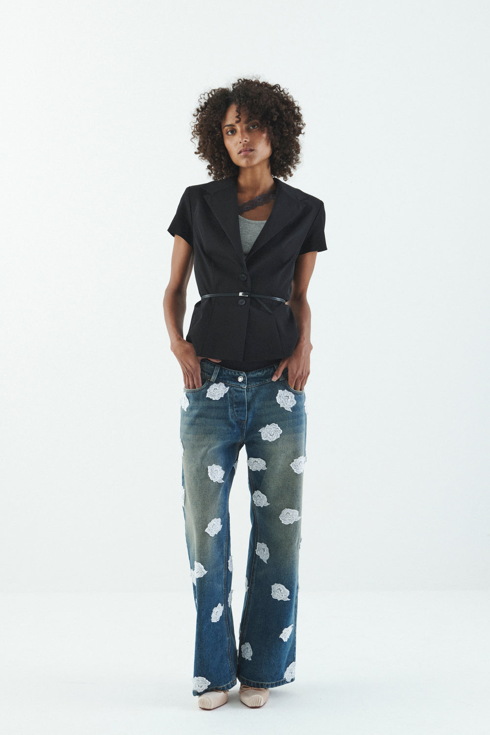 WASHED AND STAINED DENIM JEANS W/ LACE POLKA DOTS