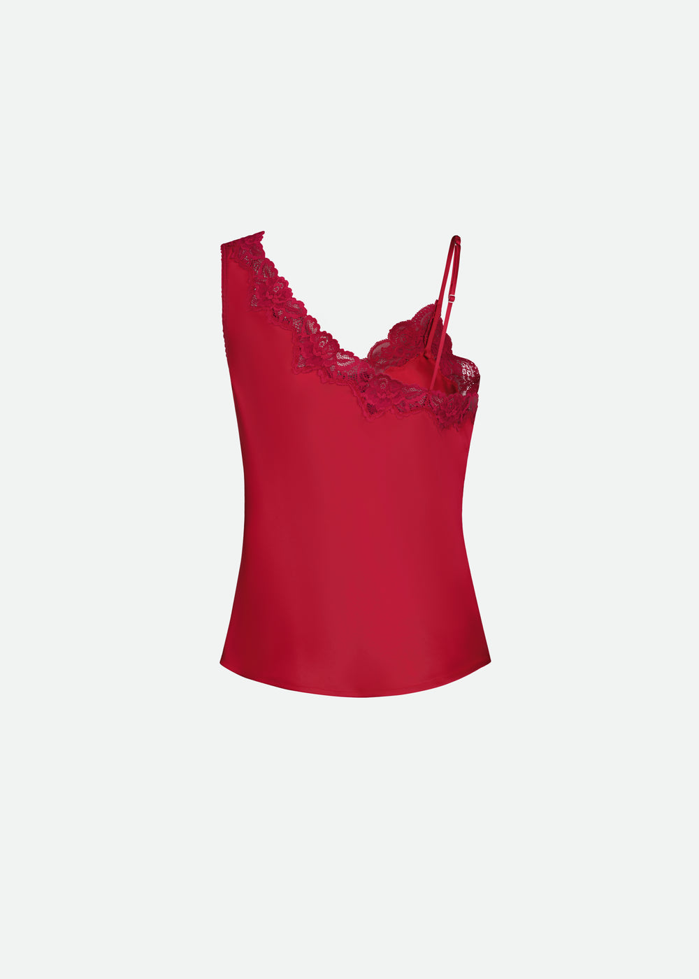 SATIN ASYMMETRICAL TANK TOP W/ LACE DETAIL