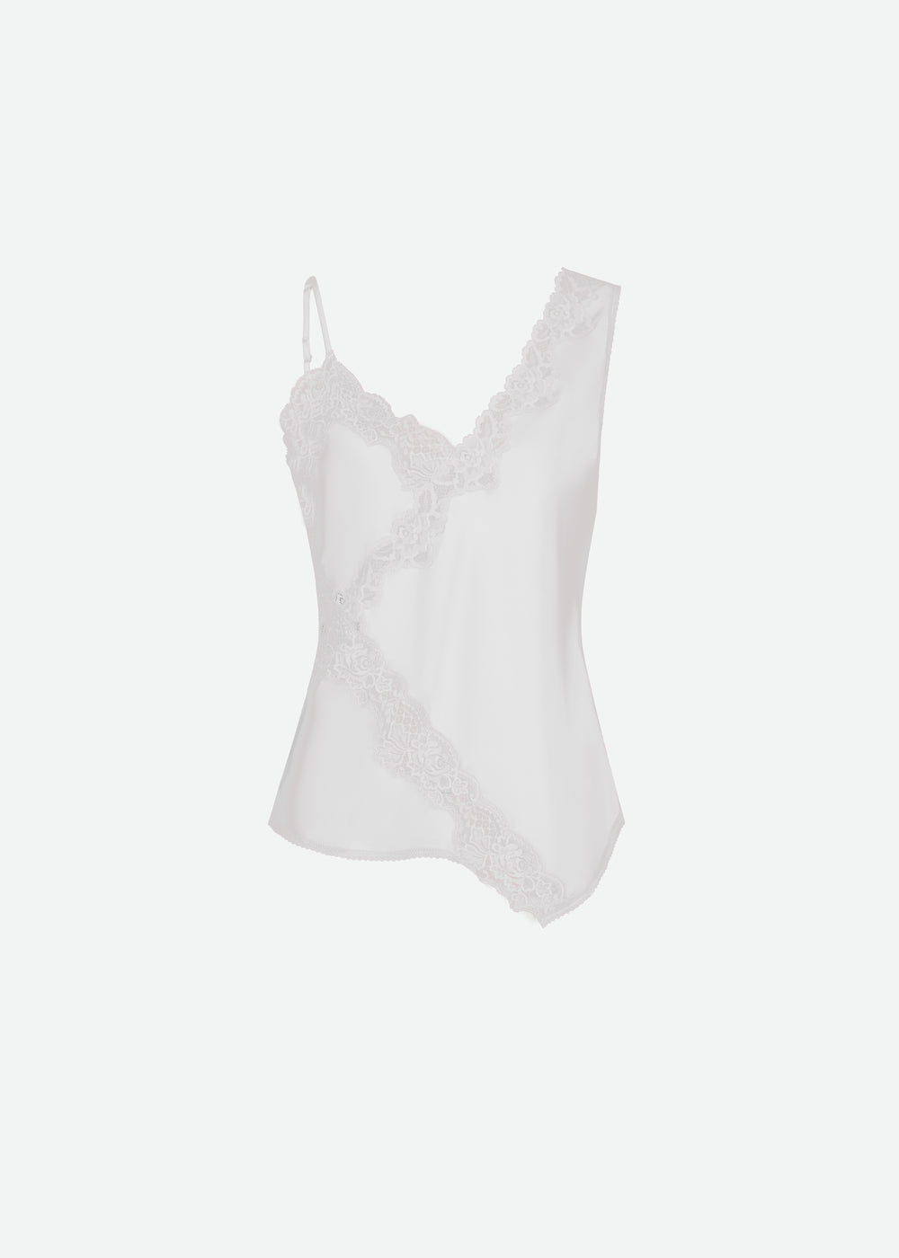 SATIN ASYMMETRICAL TANK TOP W/ LACE DETAIL