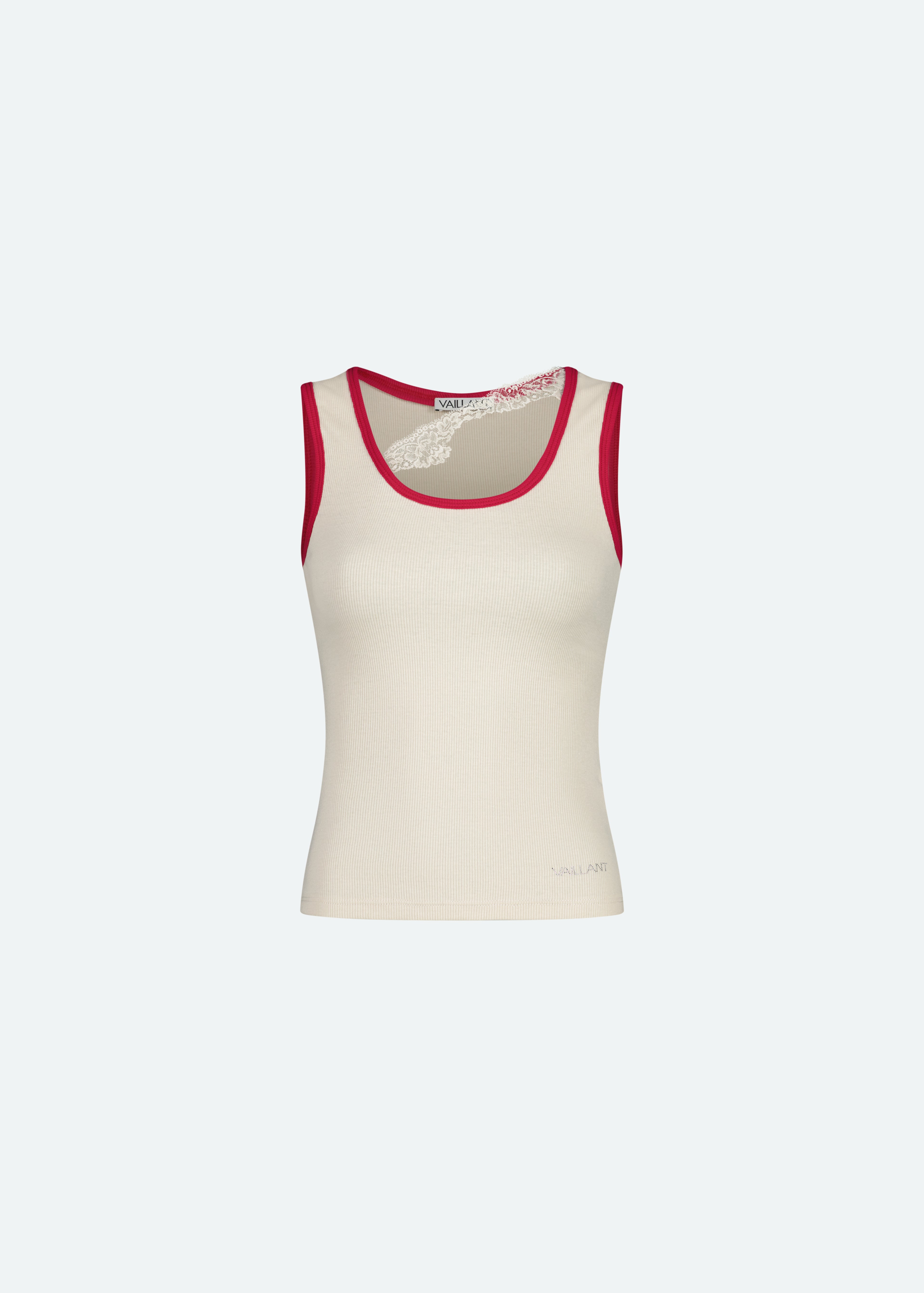 RIBBED TANK TOP WITH LACE TRIM NECKLINE