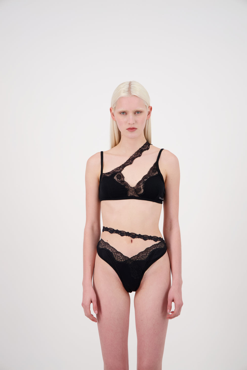 Ribbed Jersey Bra With Asymmetric Lace Trim