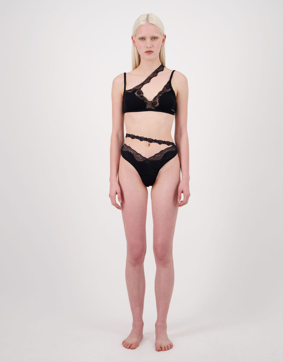 Ribbed Jersey Bra With Asymmetric Lace Trim