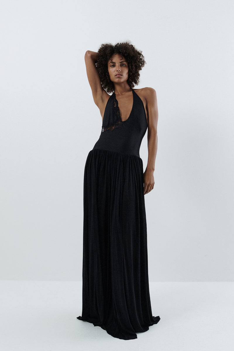 HALTER NECK BODYSUIT DRESS WITH GATHERED LONG SKIRT