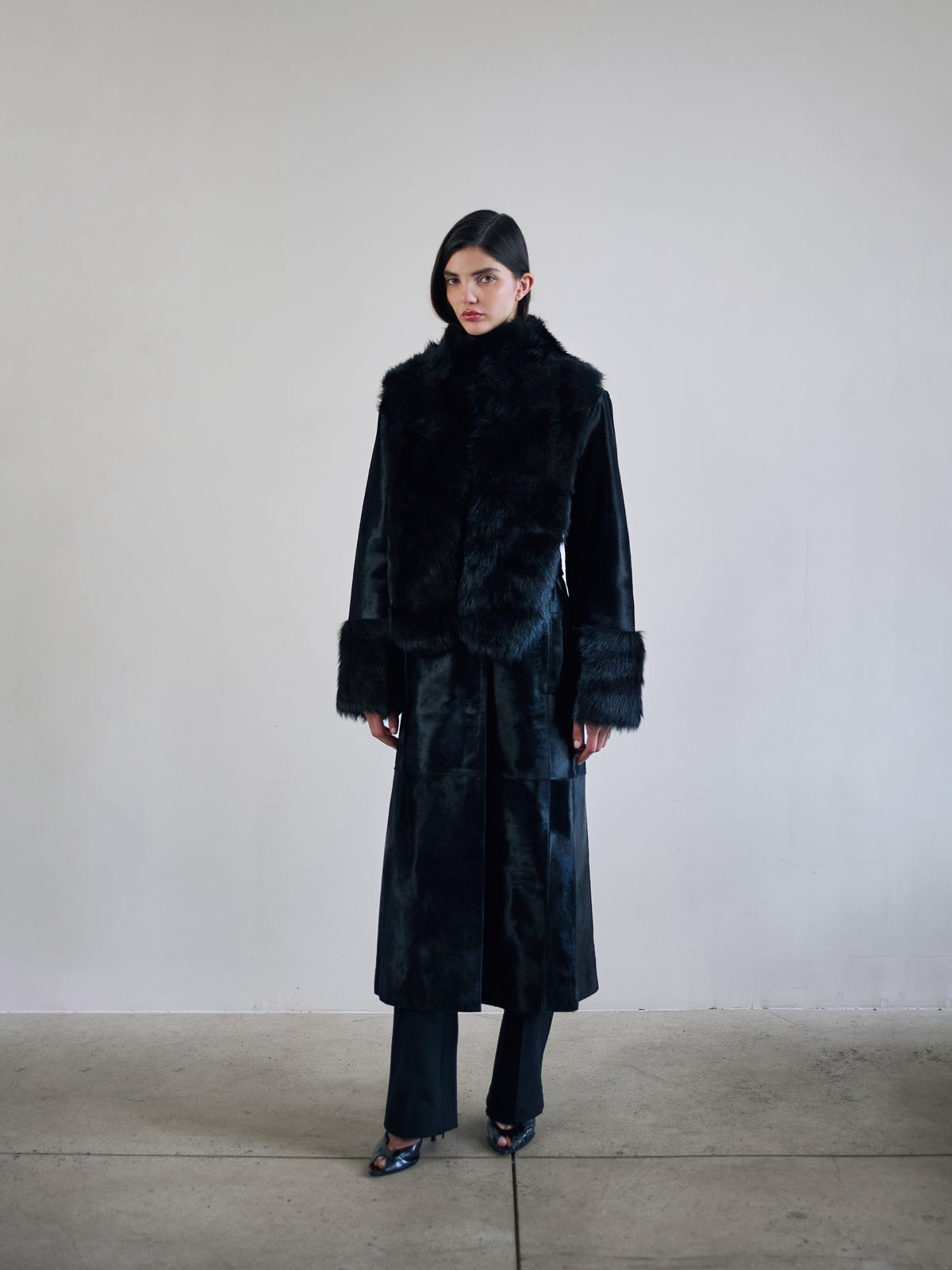 Black Pony Scarf Long Coat