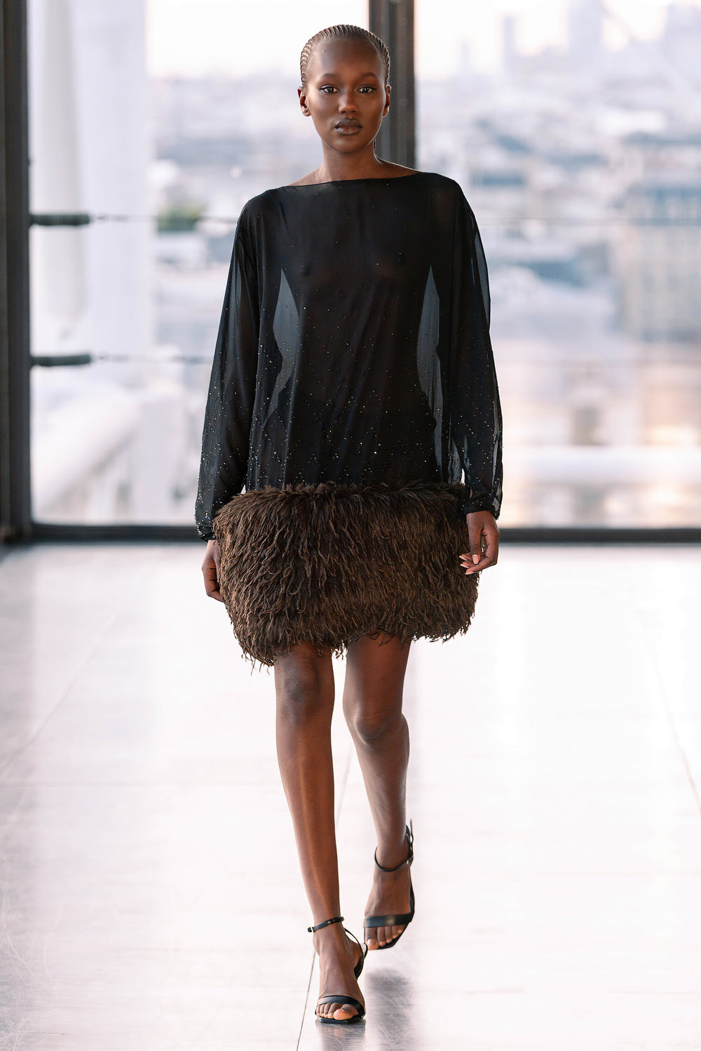 CHIFFON LONG SLEEVE MINI DRESS WITH FEATHERS AND STRASS - 3 Left